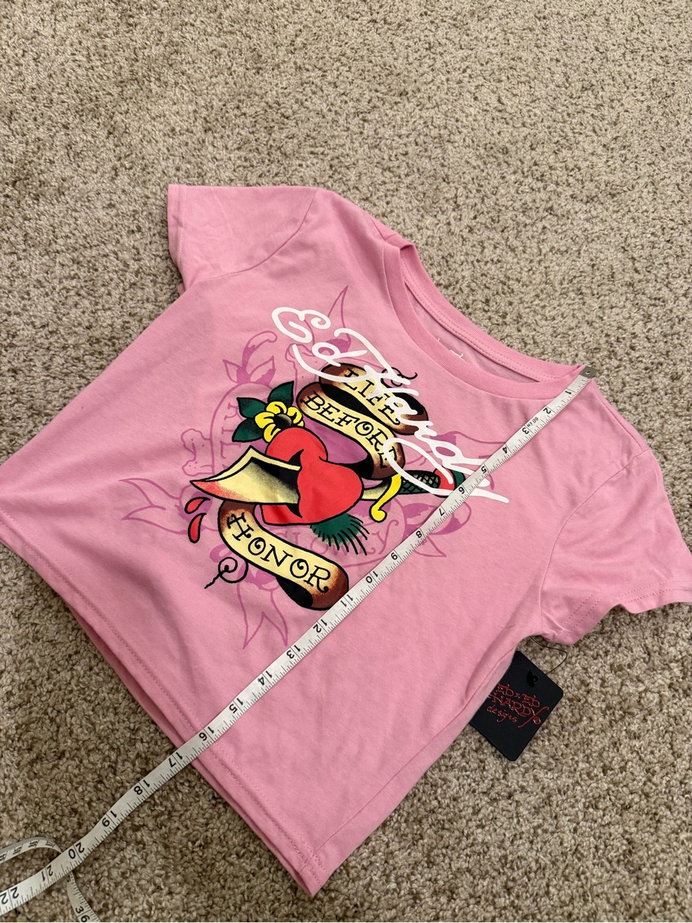 Ed Hardy Pink Short Sleeve Tee with Heart & Banner Graphic